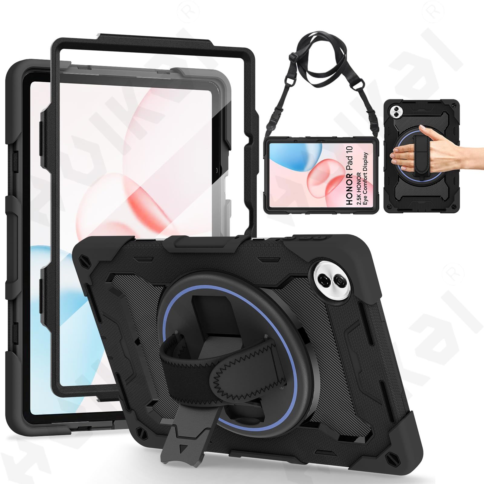 Honor Tablet Accessories - Honor Pad 10 12.1インチ 2025タブレット用ケース、頑丈耐衝撃保護回転スタンド、ハンドストラップとペンホルダー付き、ブラック